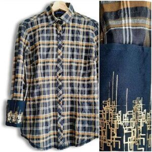 GEORG ROTH Flip Cuff Button Down Shirt Plaid Tan Brown & Gray Gold Details Sz S